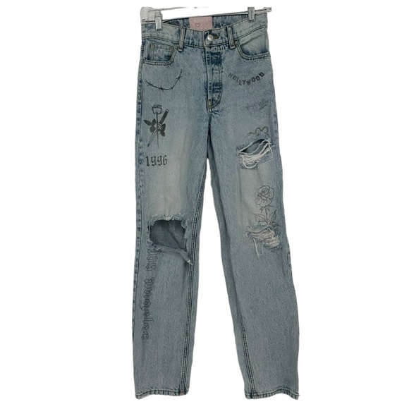 Revice Denim Iconic Printed Ripped Boyfriend Jeans Size 24 90s Straight - Picture 1 of 7